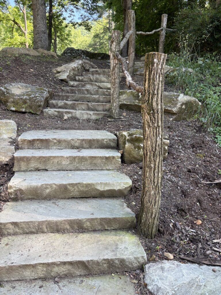 Stone steps winding up a wooded hillside