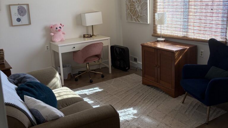 Calm therapy room with a sofa and armchair where couples intensives are held